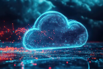 A futuristic 3D concept of cloud computing, with data being transferred and stored within a cloud, representing the evolution of digital technology.