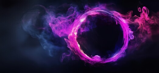 Fototapeta premium Colorful smoke ring with vibrant purple and pink hues on dark background