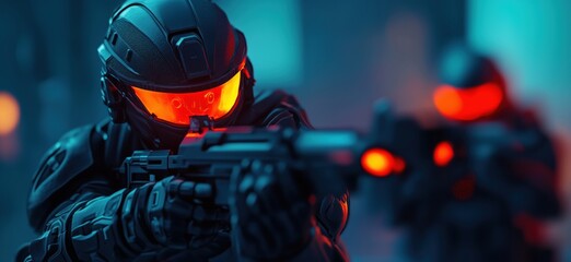 Futuristic soldiers in tactical gear aiming weapons with glowing visors in urban environment