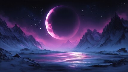 Naklejka premium Pink moon glows softly over serene snow covered mountains. AI Generated