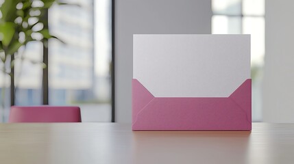 Modern office with a focus on a pink envelope, symbolizing communication and professionalism.
