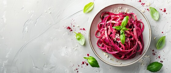 Vibrant beetroot pasta dish with fresh basil garnish on textured surface