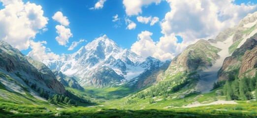 Majestic snow-capped mountains under bright blue sky with lush green valley