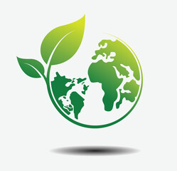 Eco-friendly green planet earth vector icon. Symbol of caring for the cleanliness of the earth or the surrounding environment. Vector illustration