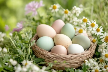 Close-up of colorful painted eggs and flowers for easter decoration and celebration