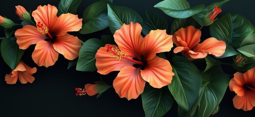 Vibrant orange hibiscus flowers with lush green leaves on dark background