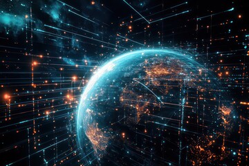 Fototapeta premium A futuristic 4K image of Earth surrounded by a network of data streams, showing the integration of technology and global communication.