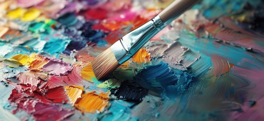 Obraz premium Vibrant artist palette with brush showcasing colorful oil paint textures