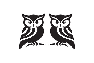 Owl head icon silhouette vector illustration in black and white, set against a white background
