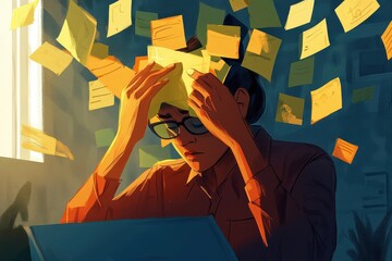 Fototapeta premium Woman in Glasses Struggling with Sticky Notes and Overwhelm