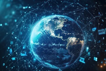 Obraz premium A futuristic 4K image of Earth surrounded by a network of data streams, showing the integration of technology and global communication.