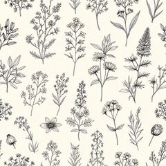 Elegant Botanical Line Art: A Seamless Pattern of Delicate Wildflowers and Herbs