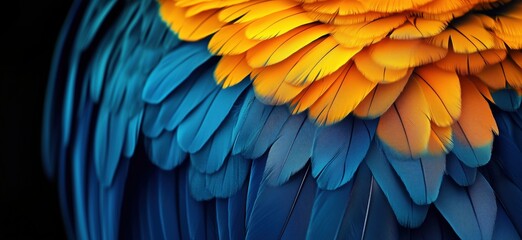 Obraz premium Vibrant blue and yellow feathers of a macaw showcasing intricate details and textures