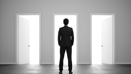 Obraz premium Decision-making moment businessman facing three doors minimalist office thoughtful environment perspective on choices