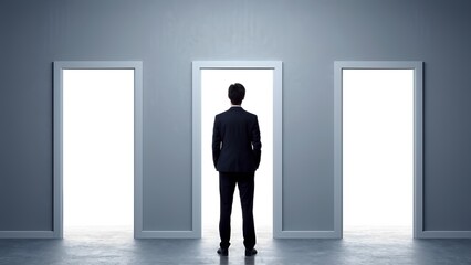 Fototapeta premium Choosing paths a businessman contemplates options in a minimalistic office environment motivational concept