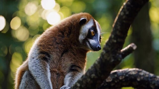 Mongoose lemur perched on a branch, turning its head