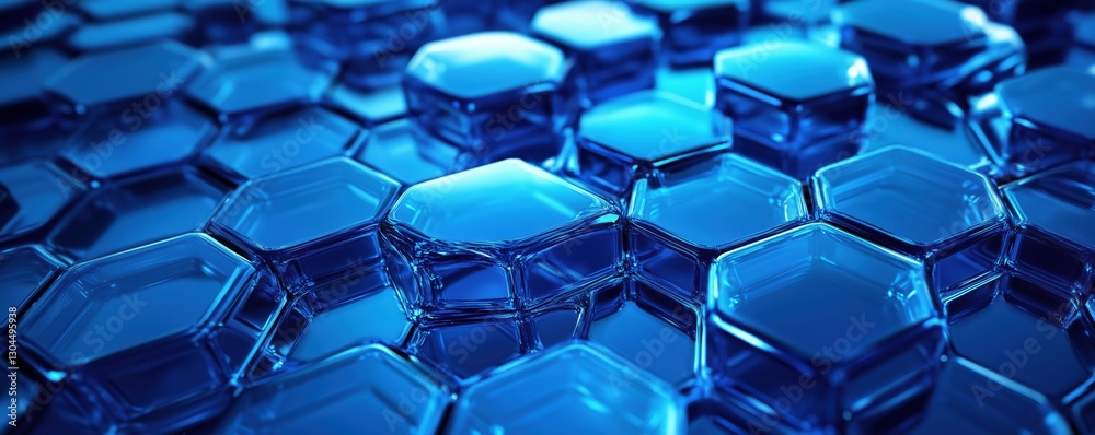 Poster blue hexagonal glass shapes creating a textured surface with reflections and depth
