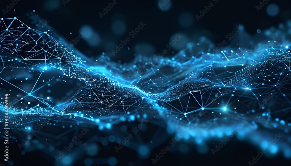 Poster dynamic digital waves representing data flow virtual environment motion graphics sci-fi aesthetic