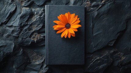 A minimalist book cover mockup, featuring a sleek, dark background and a single, vibrant orange flower, promising a captivating narrative within its pages.