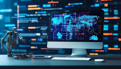 Innovative technology integration global data analysis modern workspace digital environment futuristic viewpoint ai concept