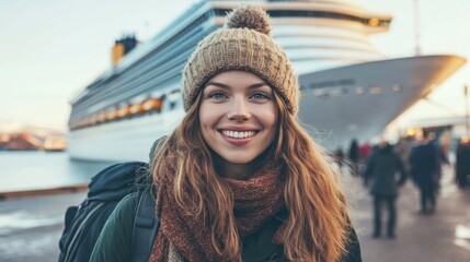 Fototapeta premium Smiling Woman Traveler at Cruise Port