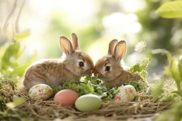Obraz premium Adorable baby rabbits nibbling on fresh greens amidst easter scenery