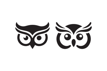 Owl head icon silhouette vector illustration in black and white, set against a white background