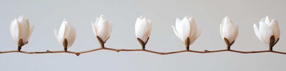 Seven Handcrafted White Magnolia Flowers on Thin Golden Wire, Isolated on White Background