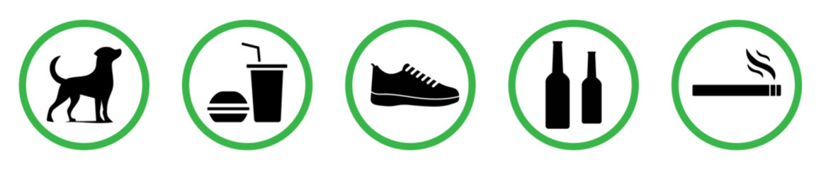 Set of allowed prohibition sign symbol, smoking, eating, shoes, alcohol and no dogs. Prohibited allowed vector sign icon symbol set in green circle. Allowed sign Isolated vector illustration.