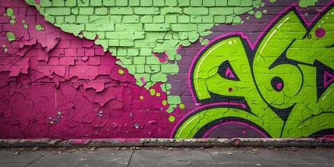 Vibrant pop art mural showcasing bold neon green and magenta colors on a distressed brick wall