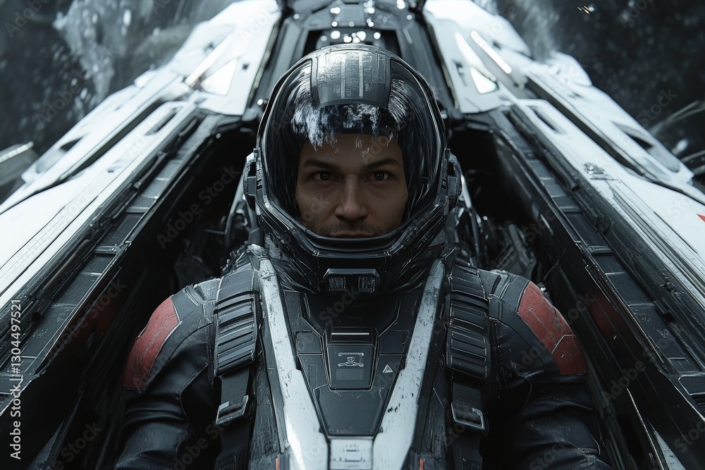 Poster astronaut prepares for mission inside advanced spacecraft, showcasing futuristic design and technolo