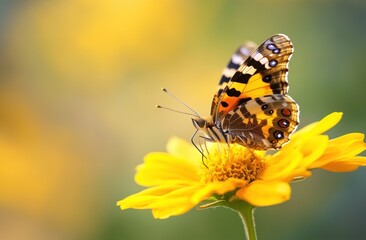 Obraz premium Painted lady butterfly on yellow flower. (6)