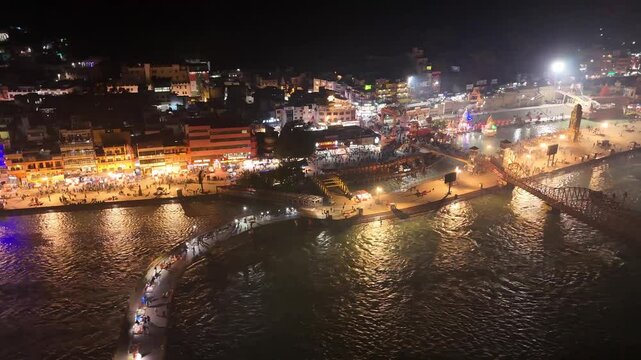 Haridwar Night Drone Shots | Aerial View of Riverbank City, India