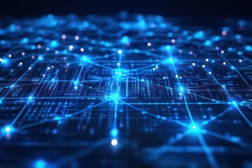 Obraz premium A futuristic data exchange concept, with blue glowing signals being transferred across interconnected nodes, highlighting digital technology and communication.