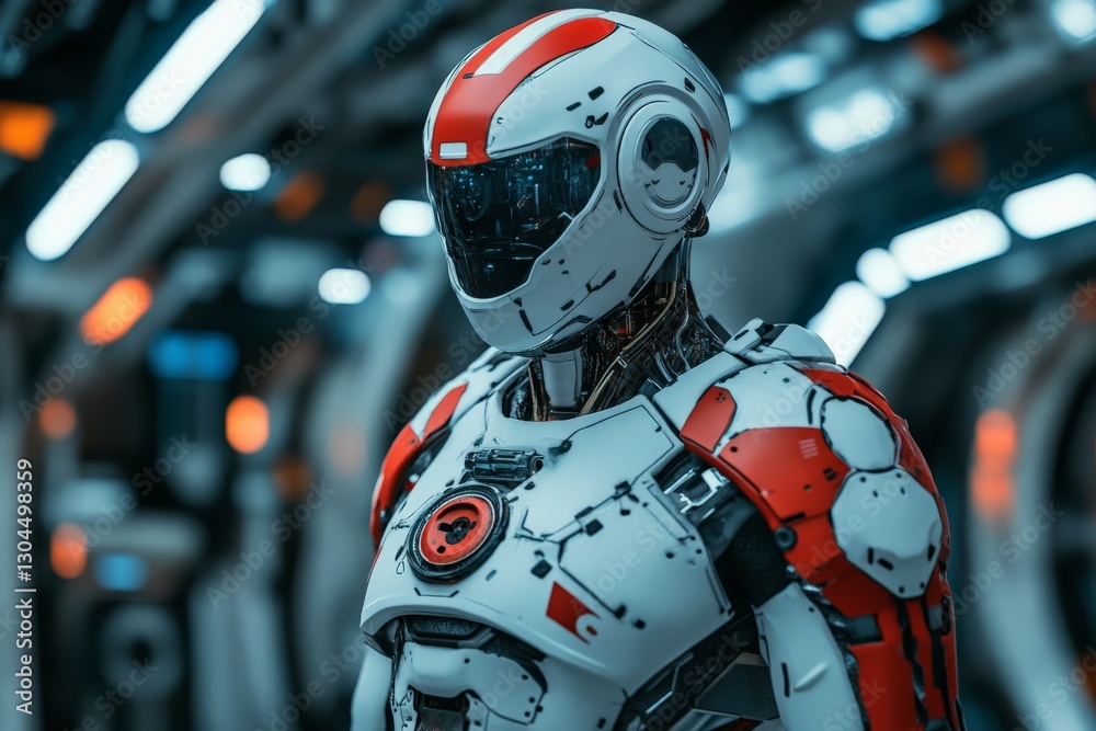 Leinwandbilder futuristic humanoid robot stands in a high-tech environment with red and white design elements