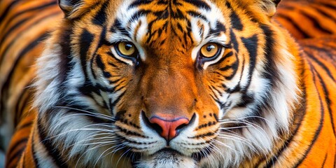 Fototapeta premium Close up of vibrant orange fur and striking black stripes of a majestic tiger in natural habitat animal texture, macro, shapes, bright, , graphic resource generated ai