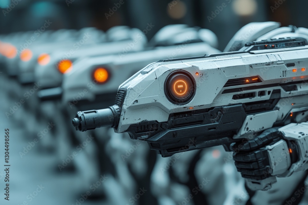 Leinwandbilder advanced robotic units displaying precision weaponry in a futuristic environment during a training s