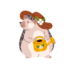 Happy hedgehog gardener holds watering can in paws. Cute prickly farmer cares about flowers, growing plants. Adorable baby animal with needles in summer hat. Flat isolated vector illustration on white