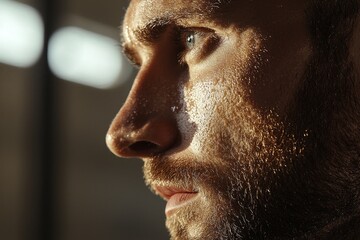 Obraz premium Determination, strength, and athleticism are reflected in the young man's fervent gaze and his physique, which is slick with sweat