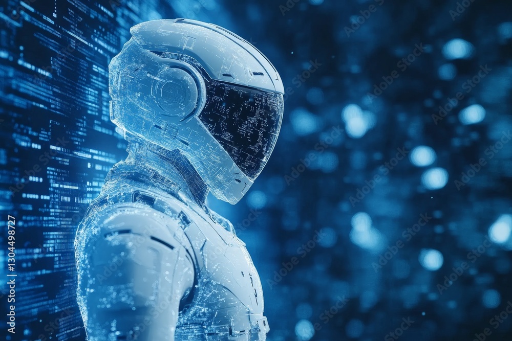 Poster Futuristic humanoid robot standing against a backdrop of digital data during a technological exploration in a virtual environment