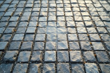Fototapeta premium A Detailed Close-Up View of a Stone Pavement with Interlocking Square Blocks and Fine Gravel Filling