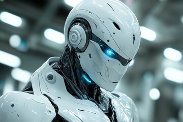 Fototapeta premium Advanced humanoid robot with glowing blue eyes in a modern laboratory setting