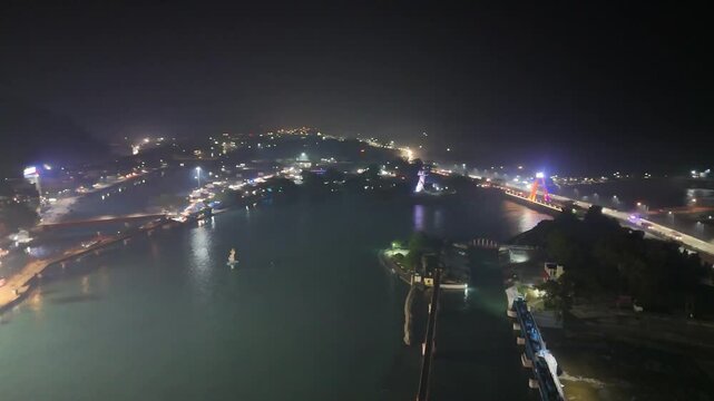 Haridwar Night Drone Shots | Aerial View of Riverbank City, India
