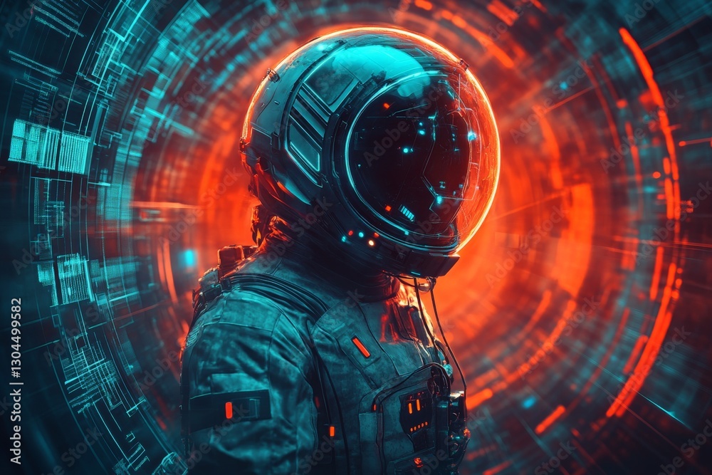 Poster exploration in a futuristic digital realm with a space explorer in a glowing helmet