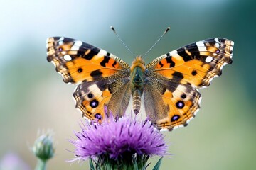 Painted Lady butterfly perched on purple thistle flower.