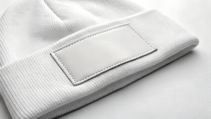 Elegant white beanie mockup with a blank white leather patch. Minimalist, soft knit texture with a folded cuff. Perfect for branding, logo placement, and fashion design. High-quality template.