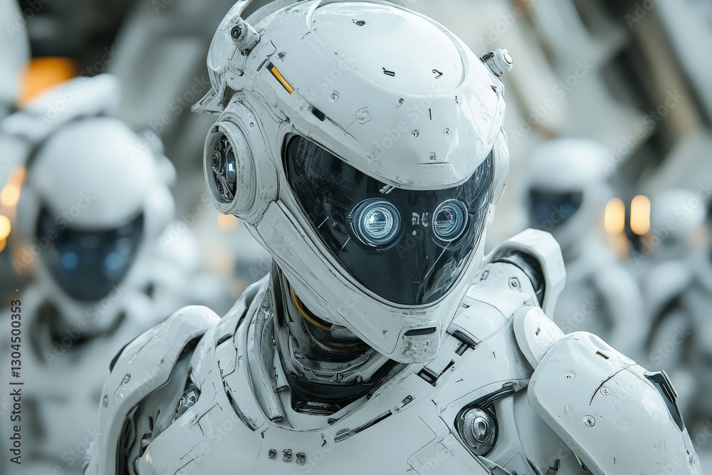 Fototapete Futuristic robots with advanced designs in a high-tech environment during daylight hours
