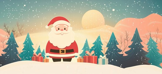 Naklejka premium Santa Claus standing in snowy landscape with Christmas gifts and trees at sunset