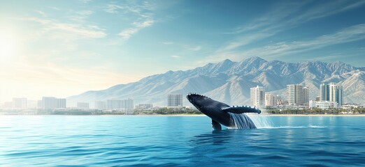 Fototapeta premium Humpback whale breaching near coastal city with mountains in background