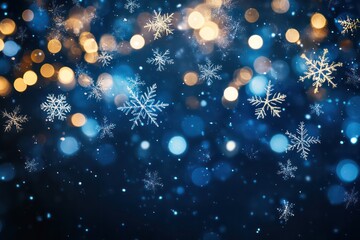 Fototapeta premium A winter-themed bokeh effect with shimmering blue, white, and silver lights resembling frost and snowflakes on a dark navy-blue background.